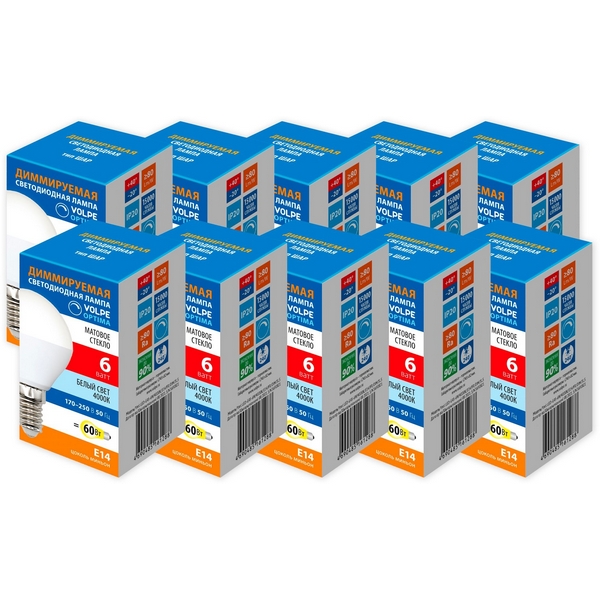 

Лампа светодиодная диммируемая Volpe Optima DIM LED-G45-6W/4000K/E14/FR/DIM/SLS Набор из 10штук шар матовая белый свет 4000K, OPTIMA DIM LED-G45-6W/4000K/E14/FR/DIM/SLS Набор из 10штук