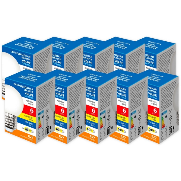 

Лампа светодиодная Volpe Optima Филамент LED-G45-6W/3000K/E27/FR/SLF Набор из 10штук шар матовая теплый белый свет 3000K, Optima Филамент LED-G45-6W/3000K/E27/FR/SLF Набор из 10штук
