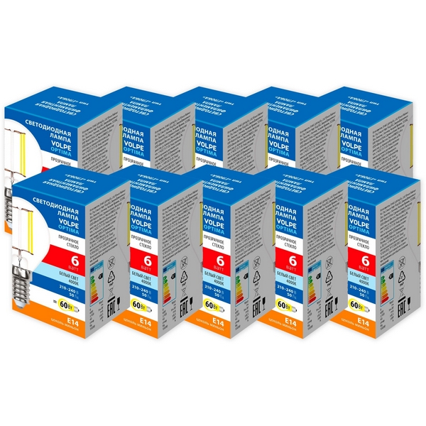 Изображение товара Лампа светодиодная Volpe Optima Филамент LED-G45-6W/4000K/E14/CL/SLF Набор из 10штук шар прозрачная белый свет 4000K
