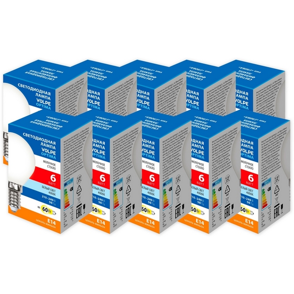 Изображение товара Лампа светодиодная Volpe Optima Филамент LED-G45-6W/4000K/E14/FR/SLF Набор из 10штук шар матовая белый свет 4000K