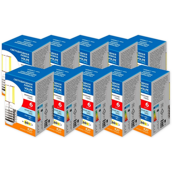 Изображение товара Лампа светодиодная Volpe Optima Филамент LED-G45-6W/4000K/E27/CL/SLF Набор из 10штук шар прозрачная белый свет 4000K