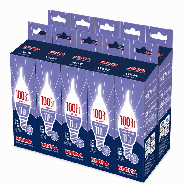 Изображение товара Лампочка светодиодная E14 11Вт Volpe NORMA LED-CW37-11W/6500K/E14/FR/NR SET10
