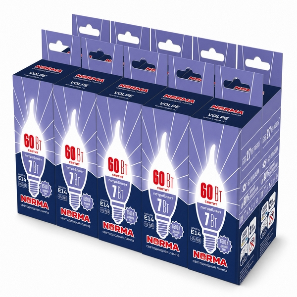 Изображение товара Лампочка светодиодная E14 7Вт Volpe NORMA LED-CW37-7W/6500K/E14/FR/NR SET10 Изображение товара Лампочка светодиодная E14 7Вт Volpe NORMA LED-CW37-7W/6500K/E14/FR/NR SET10