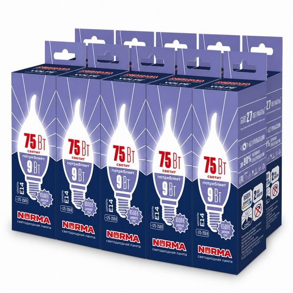 Изображение товара Лампочка светодиодная E14 9Вт Volpe NORMA LED-CW37-9W/6500K/E14/FR/NR SET10 Изображение товара Лампочка светодиодная E14 9Вт Volpe NORMA LED-CW37-9W/6500K/E14/FR/NR SET10