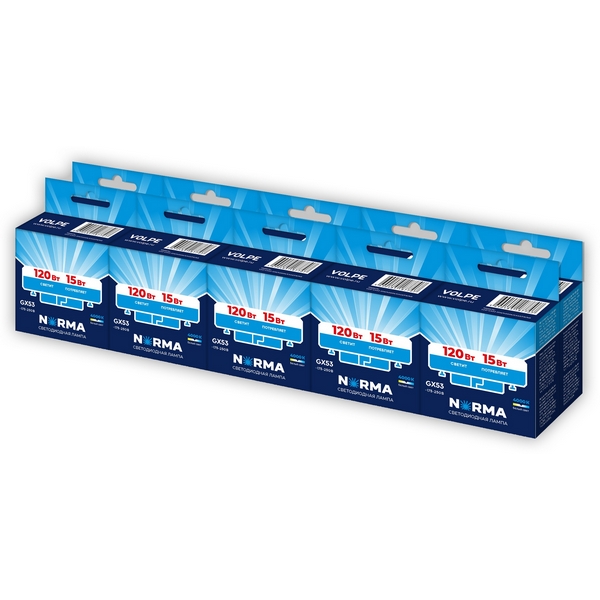 Изображение товара Лампочка светодиодная GX53 15Вт Volpe NORMA LED-GX53-15W/4000K/GX53/FR/NR SET10 Изображение товара Лампочка светодиодная GX53 15Вт Volpe NORMA LED-GX53-15W/4000K/GX53/FR/NR SET10