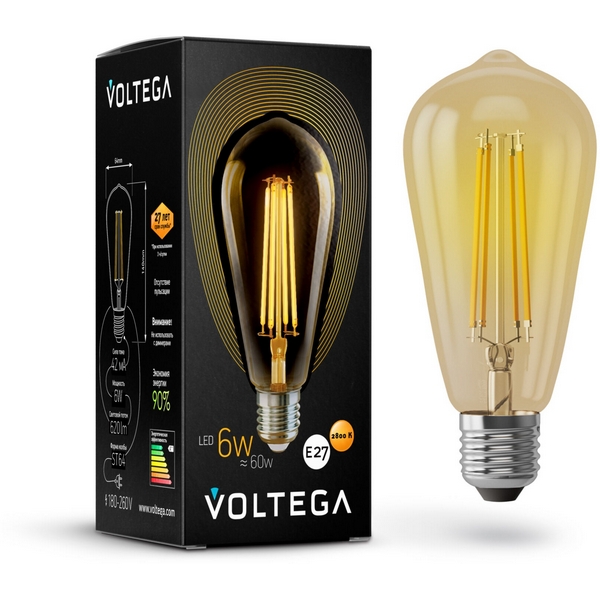 

Лампочка светодиодная колба E27 6W 2800K 480lm Voltega LOFT led 5526, ST64 5526