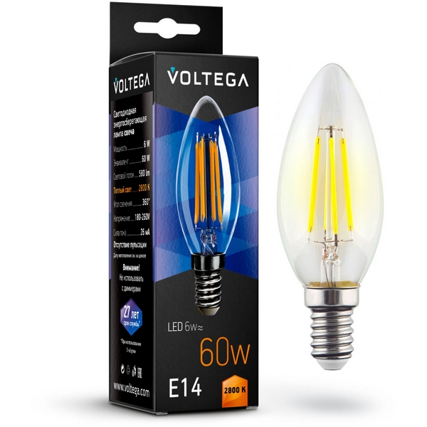 

Лампочка светодиодная 2800K 580Lm E14x6W Voltega Crystal 7019, Candle 6W 7019