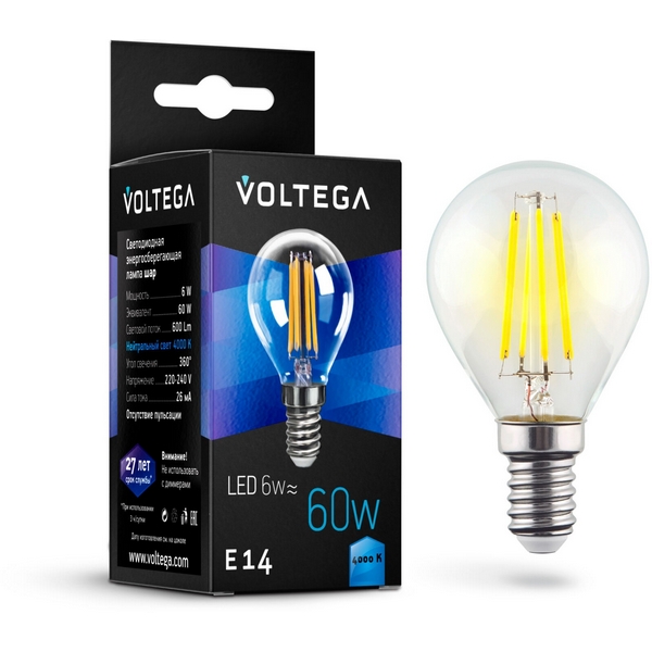

Лампочка светодиодная 4000K 600Lm E14x6W Voltega Crystal 7022, Globe 6W 7022