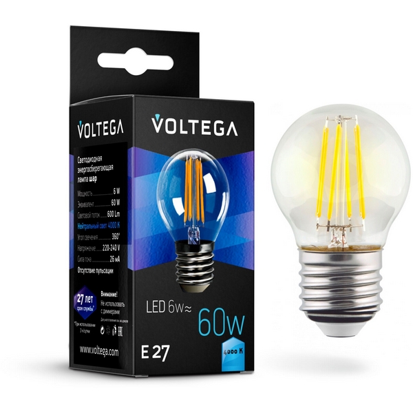 

Лампочка светодиодная 4000K 600Lm E27x6W Voltega Crystal 7024, Globe E27 6W 7024
