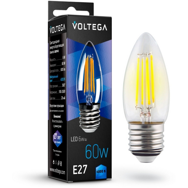 

Лампочка светодиодная 4000K 60Lm E27x6W Voltega Crystal 7029, Candle E27 6W 7029