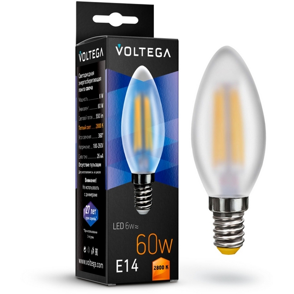 

Лампочка светодиодная 2800K 550Lm E14x6W Voltega Crystal 7044, Candel matt 6W 7044