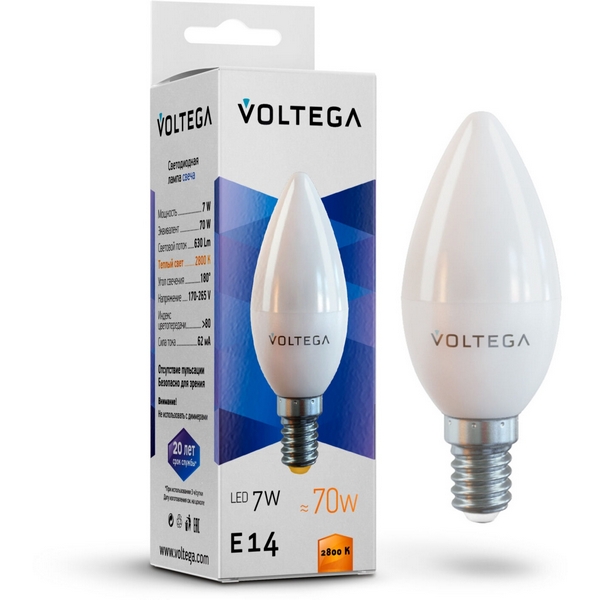 

Лампочка светодиодная 2800K 650Lm E14x7W Voltega Simple 7048, Candle 7W 7048