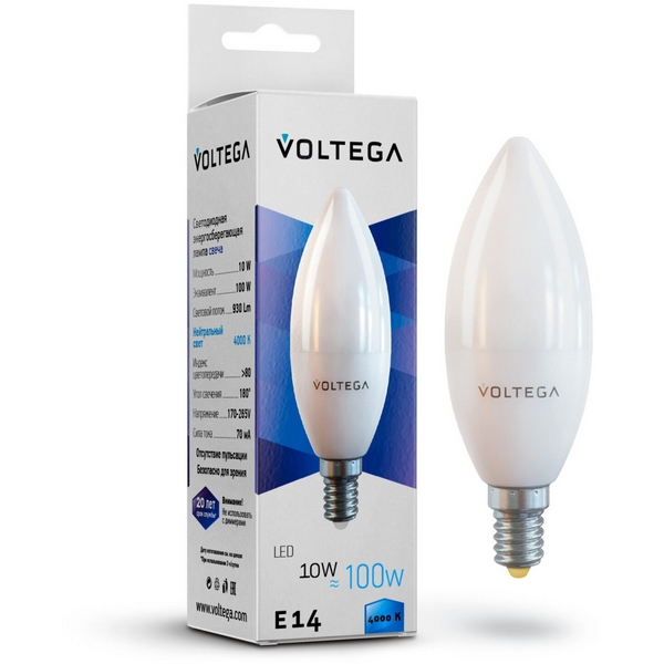 

Лампочка светодиодная 4000K 930Lm E14x10W Voltega Simple 7065, Candle 10W 7065