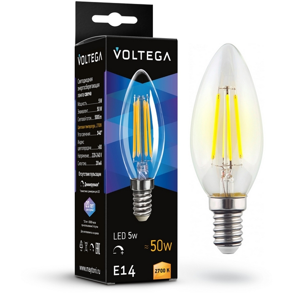 

Светодиодная лампа диммируемая 5W 2700K E14 Voltega Candle dim 5W 7199, Candle dim 5W 7199