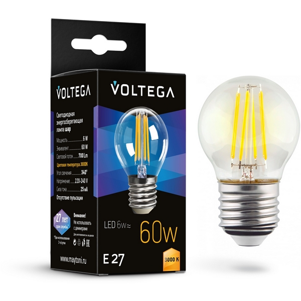 

Светодиодная лампа 6W 3000K E27 Voltega Globe E27 6W 7215, Globe E27 6W 7215