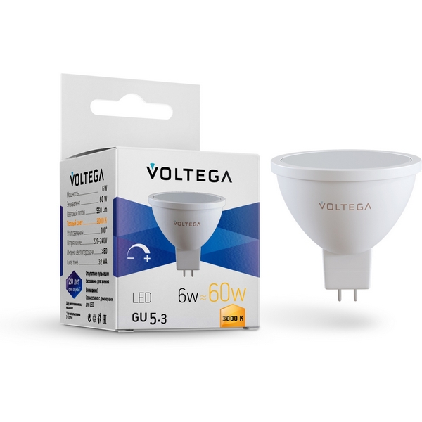 

Светодиодная лампа Simple MR16 6W 3000K 110° GU5.3 DIM Voltega Sofit GU5.3 7257, Sofit GU5.3 7257