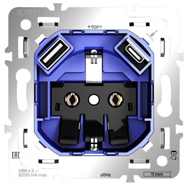 

Механизм розетки с заземлением и защитными шторками 16А, с USB A+C Voltum S70 VLS0405M, S70 VLS0405M