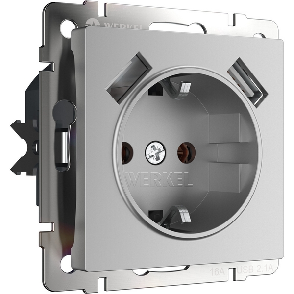 Розетка с заземлением, шторками и USBх2 Werkel W1171506 (серебряный)