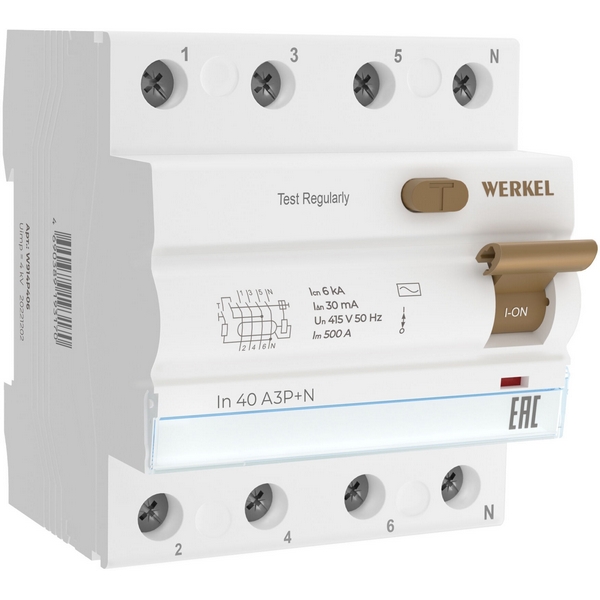 

Устройство защитного отключения 3P+N 40 A 30 mА АС 6 kА Werkel W914P406 (a062565), Устройства защитного отключения W914P406