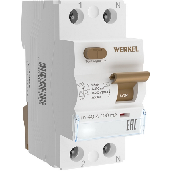 

Устройство защитного отключения 1P+N 40 А 100 mA AC 6 kA Werkel W812P404 (a065610), Устройства защитного отключения W812P404