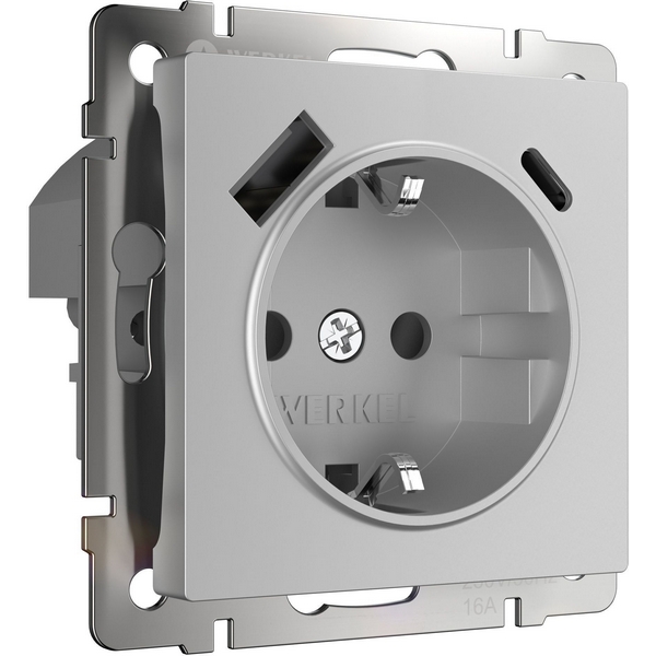 

Розетка с заземлением, шторками и USB тип A+C Werkel W1171706 (серебряный), Встраиваемые механизмы серебряные W1171706