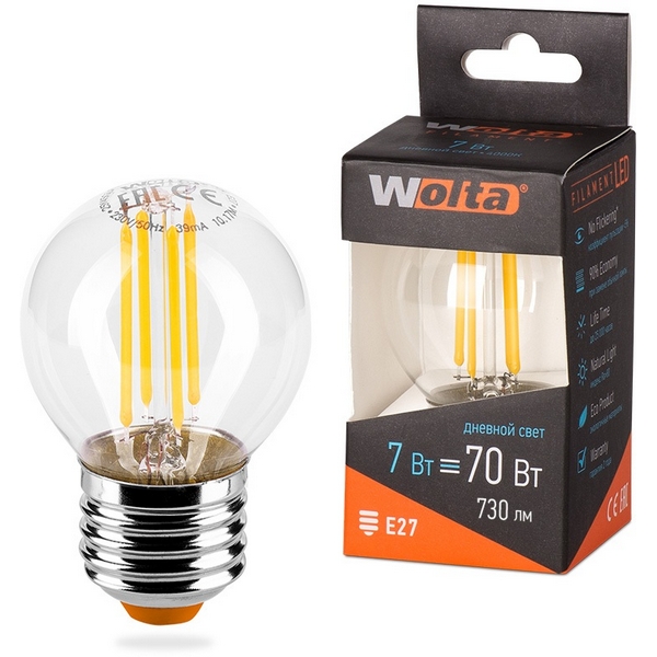 

Светодиодная лампа FILAMENT 7Вт 4000K Е27 Wolta 25S45GLFT7E27, 25S45GLFT7E27