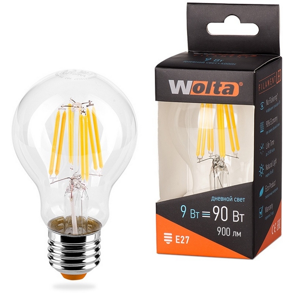 

Светодиодная лампа FILAMENT 9Вт 4000K Е27 Wolta 25S60BLFT9E27, 25S60BLFT9E27
