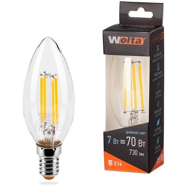 Изображение товара Светодиодная лампа FILAMENT 7Вт 4000K E14 Wolta 25SCFT7E14