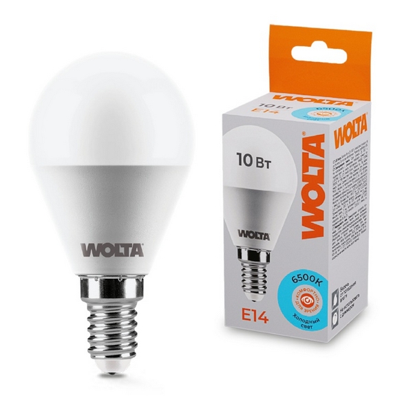 

Светодиодная лампа 10Вт 6500K E14 Wolta 25W45GL10E14, 25W45GL10E14