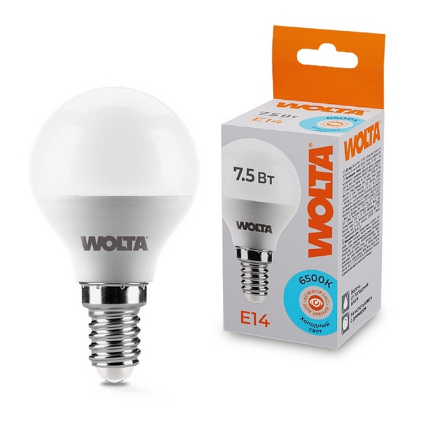 

Светодиодная лампа 7.5Вт 6500K E14 Wolta 25W45GL7.5E14, 25W45GL7.5E14