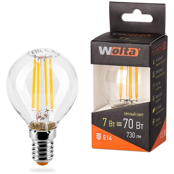 

Светодиодная лампа FILAMENT 7Вт 3000K Е14 Wolta 25Y45GLFT7E14, 25Y45GLFT7E14