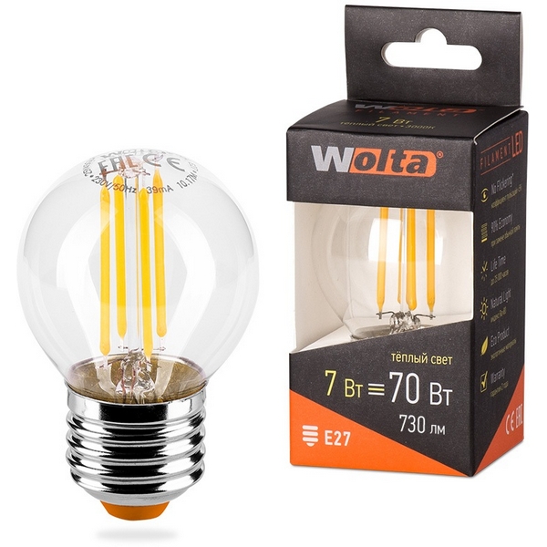

Светодиодная лампа FILAMENT 7Вт 3000K Е27 Wolta 25Y45GLFT7E27, 25Y45GLFT7E27