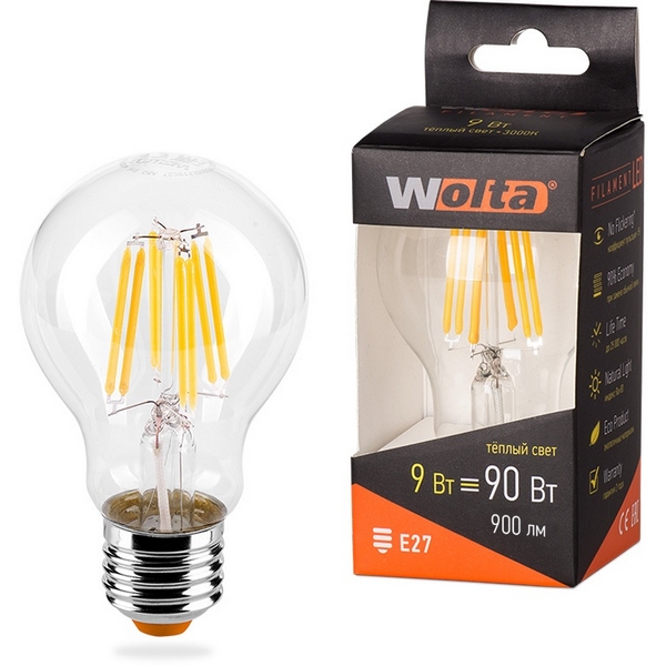 

Светодиодная лампа FILAMENT 9Вт 3000K Е27 Wolta 25Y60BLFT9E27, 25Y60BLFT9E27