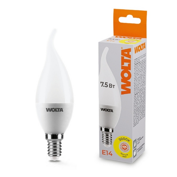 

Светодиодная лампа 7.5Вт 3000K E14 Wolta 25YCD7.5E14, 25YCD7.5E14