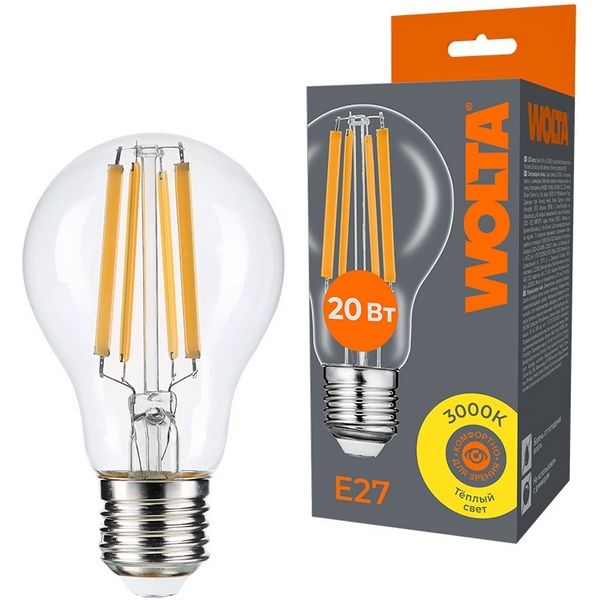 

Светодиодная лампа FILAMENT 20Вт 3000K Е27 Wolta WF-A60-20W3KE27, WF-A60-20W3KE27