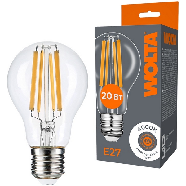 

Светодиодная лампа FILAMENT 20Вт 4000K Е27 Wolta WF-A60-20W4KE27, WF-A60-20W4KE27