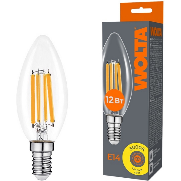 

Светодиодная лампа FILAMENT 12Вт 3000K Е14 Wolta WF-C35-12W3KE14, WF-C35-12W3KE14