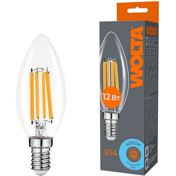 

Светодиодная лампа FILAMENT 12Вт 6500K Е14 Wolta WF-C35-12W6KE14, WF-C35-12W6KE14