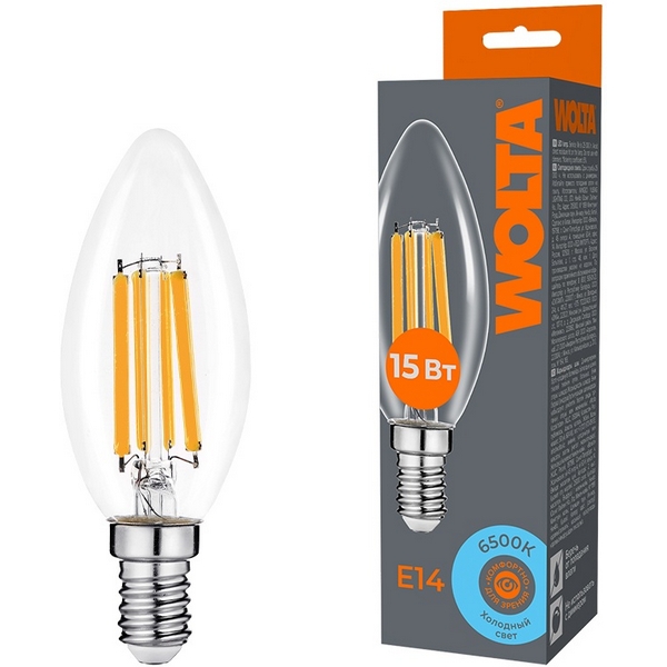 

Светодиодная лампа FILAMENT 15Вт 6500K Е14 Wolta WF-C35-15W6KE14, WF-C35-15W6KE14