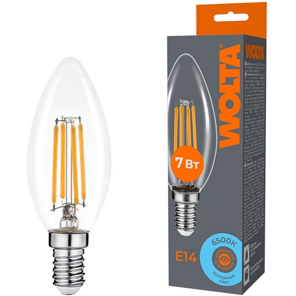 

Светодиодная лампа FILAMENT 7Вт 6500K Е14 Wolta WF-C35-7W6KE14, WF-C35-7W6KE14