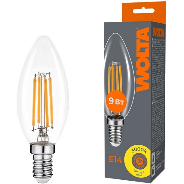 

Светодиодная лампа FILAMENT 9Вт 3000K Е14 Wolta WF-C35-9W3KE14, WF-C35-9W3KE14