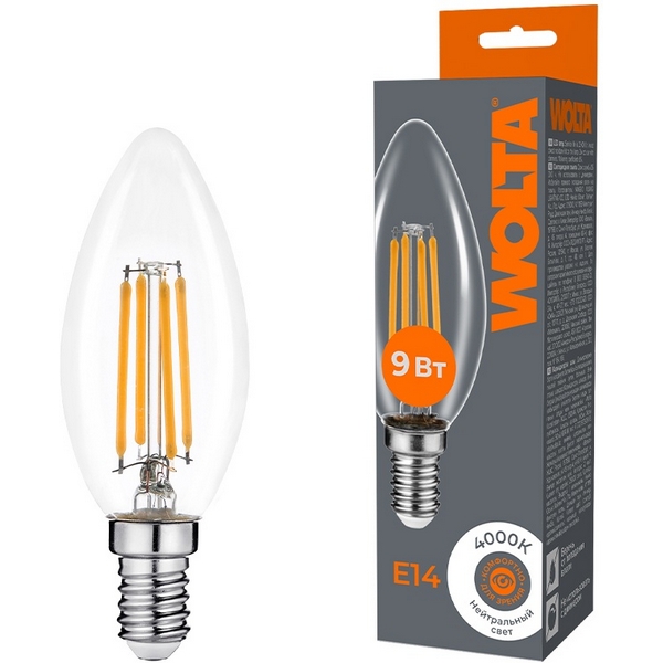 

Светодиодная лампа FILAMENT 9Вт 4000K Е14 Wolta WF-C35-9W4KE14, WF-C35-9W4KE14