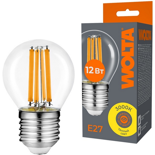 

Светодиодная лампа FILAMENT 12Вт 3000K Е27 Wolta WF-G45-12W3KE27, WF-G45-12W3KE27