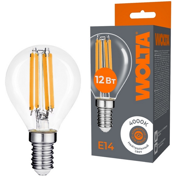 

Светодиодная лампа FILAMENT 12Вт 4000K Е14 Wolta WF-G45-12W4KE14, WF-G45-12W4KE14