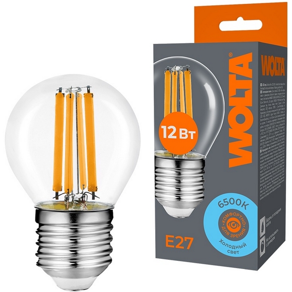 

Светодиодная лампа FILAMENT 12Вт 6500K Е27 Wolta WF-G45-12W6KE27, WF-G45-12W6KE27