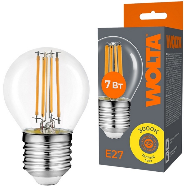 

Светодиодная лампа FILAMENT 7Вт 3000K Е27 Wolta WF-G45-7W3KE27, WF-G45-7W3KE27