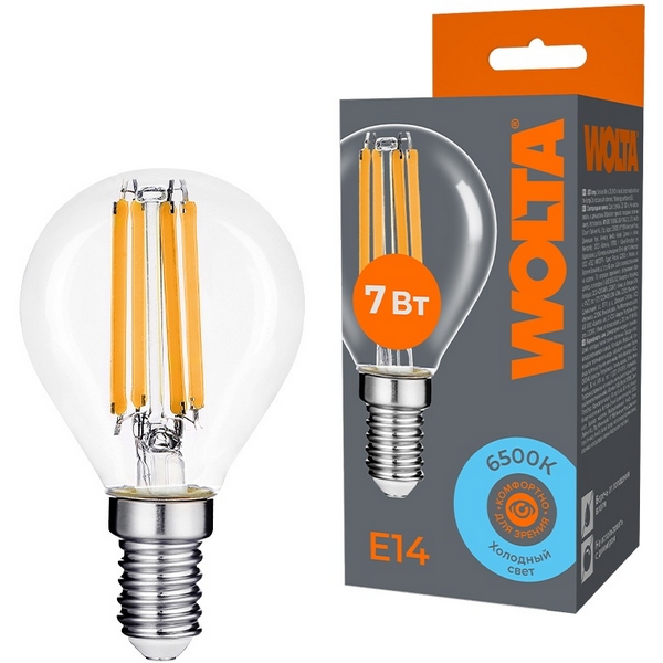 

Светодиодная лампа FILAMENT 7Вт 6500K Е14 Wolta WF-G45-7W6KE14, WF-G45-7W6KE14