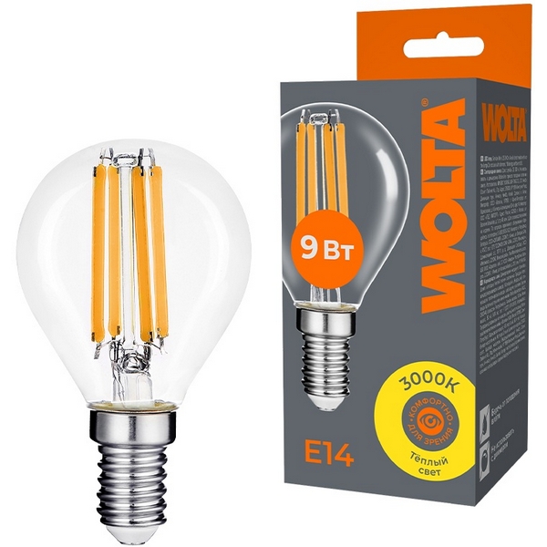 

Светодиодная лампа FILAMENT 9Вт 3000K Е14 Wolta WF-G45-9W3KE14, WF-G45-9W3KE14