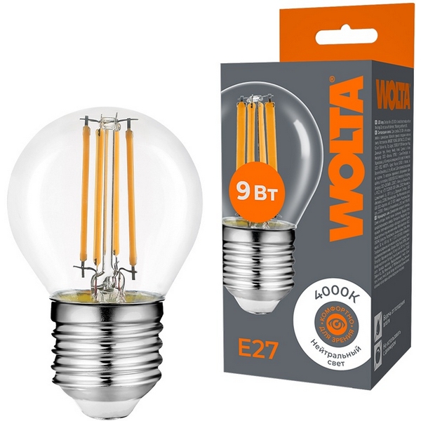 

Светодиодная лампа FILAMENT 9Вт 4000K Е27 Wolta WF-G45-9W4KE27, WF-G45-9W4KE27