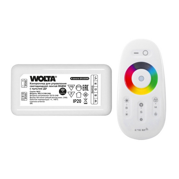 

Контроллер 4-канальный Wolta WLC-C/08-24A для светодиодной ленты RGBW 12-24В, 24А с пультом RF2.4ГГц, WLC-C/08-24A